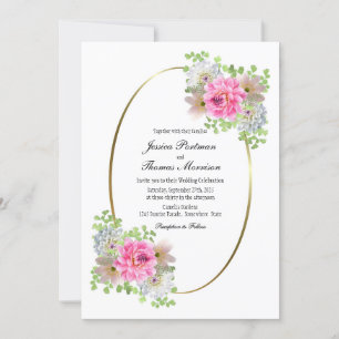 Convite Casamento de Frame Oval Dourado Floral Rosa Elegan