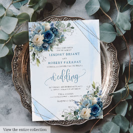 Convite Casamento de Frame Silver Rosas Azuis Escuros Eleg