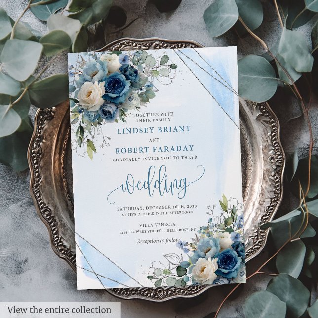 Convite Casamento de Frame Silver Rosas Azuis Escuros Eleg (Elegant Dark Blue Roses Silver Frame Wedding Invite)