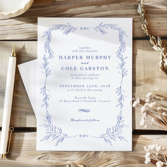 Convite Casamento de Frame Verde-Vinha-Periwinkle (Criador carregado)