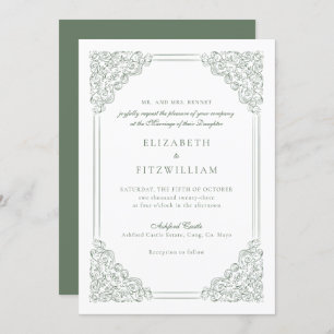 Convite Casamento de Frame Verde Vintage Vitoriano Muted
