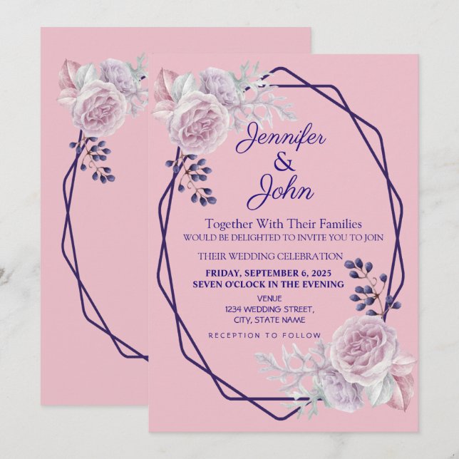 Convite Casamento de Frames Geométricos Roxos Rosa Floral (Frente/Verso)