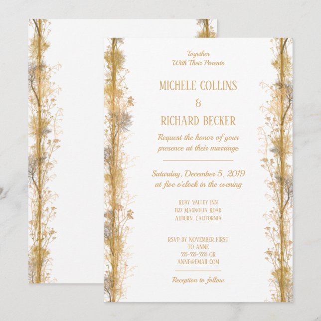 Convite Casamento de Fronteira Botânica Dourada Chic (Frente/Verso)