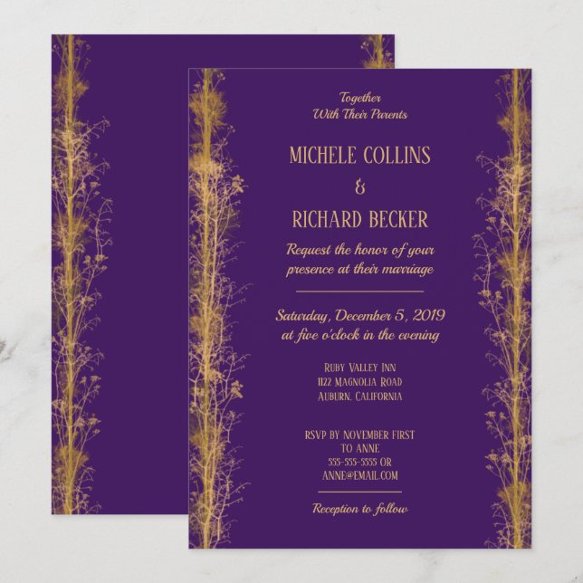 Convite Casamento de Fronteira Botânica Dourada Chic (Frente/Verso)