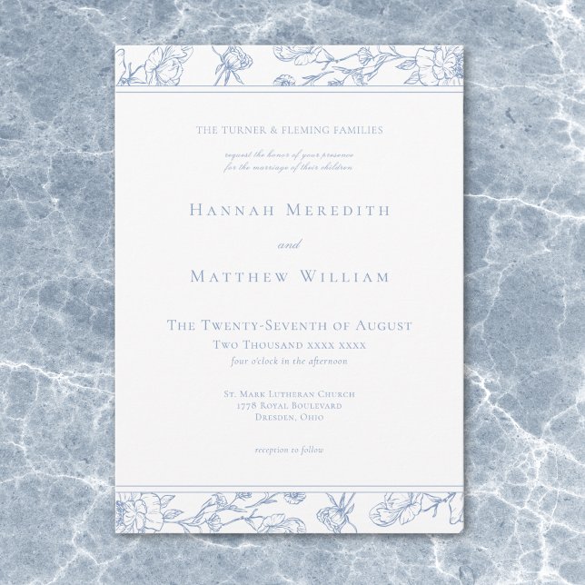 Convite Casamento de fronteira com aves de capoeira de Chi (Elegant Blue Chinoiserie Bird Crest Border Wedding Invitation)