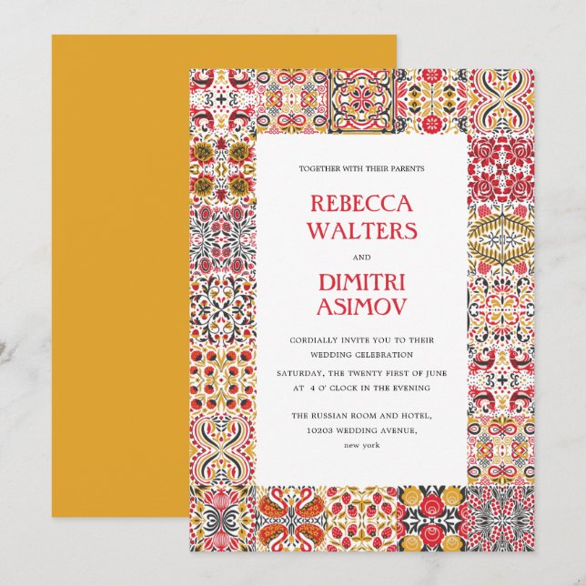 Convite Casamento de Fronteira com o Folk Art Khokhloma (Frente/Verso)