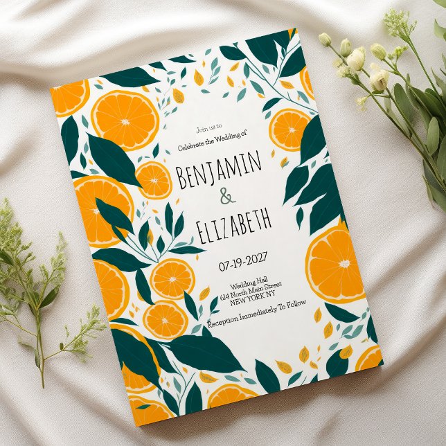 Convite Casamento de fruta de laranja verde-escuro botânic (Botanical dark green citrus orange fruit Wedding)