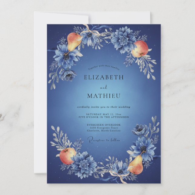 Convite Casamento de Fruta Eucalipto Azul Cobalto Pêssego (Frente)