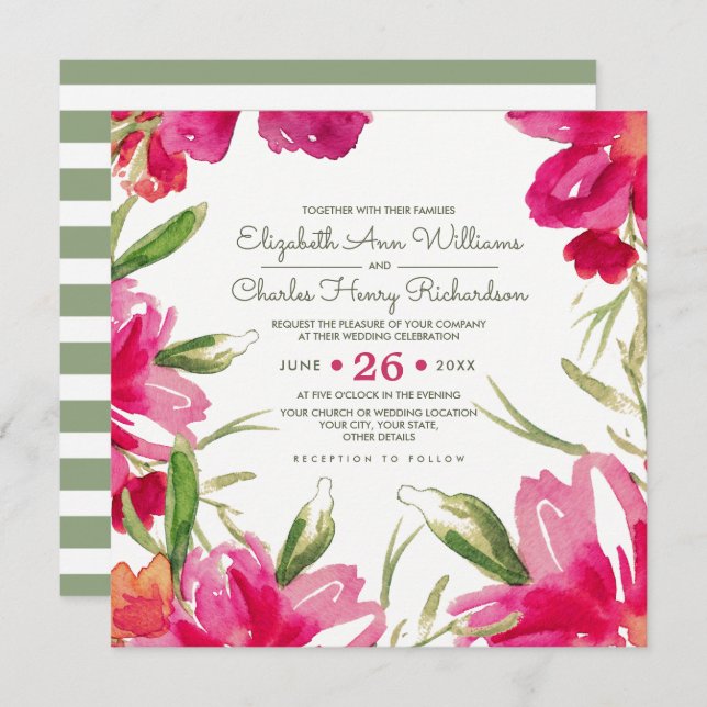 Convite Casamento de Fuchsia Green Floral Watercolor (Frente/Verso)