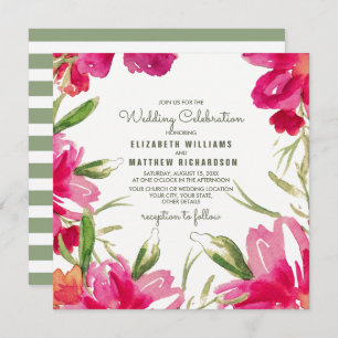 Convite Casamento de Fuchsia Green Floral Watercolor