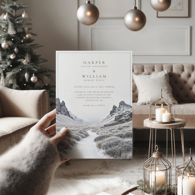 Convite Casamento de fuga de inverno na Islândia (stylish wedding invitation with a calm and scenic winter view)