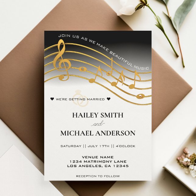 Convite Casamento de Funcionarios de Música de Ombre Preto (Black White & Gold Ombre Music Staff Wedding Invitation)