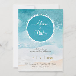Convite Casamento de fundo com praia, Ocean Watercolor
