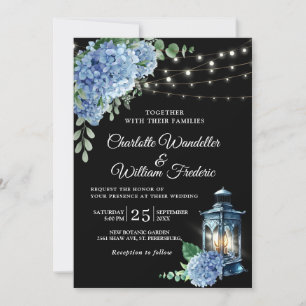 Convite Casamento de fundo preto com Hydrangea azul