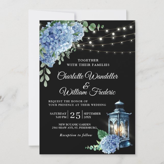 Convite Casamento de fundo preto com Hydrangea azul (Frente)
