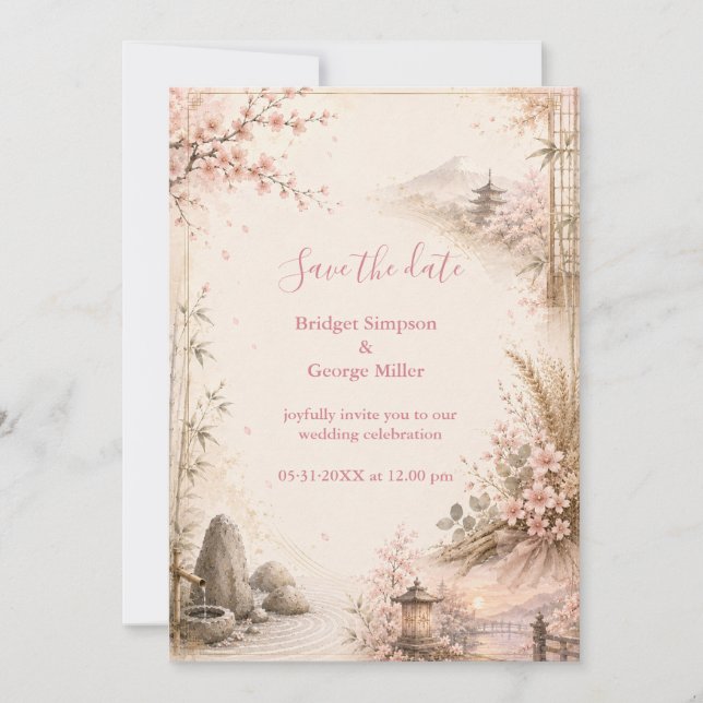 Convite Casamento de fusão romântica Sakura Harmonia Botân (Frente)