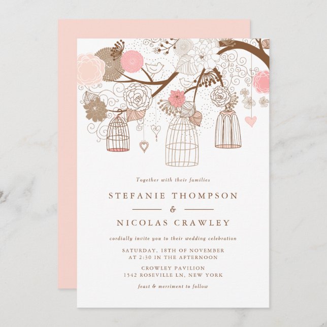 Convite Casamento de gaiolas de pássaros penduradas de ros (Frente/Verso)