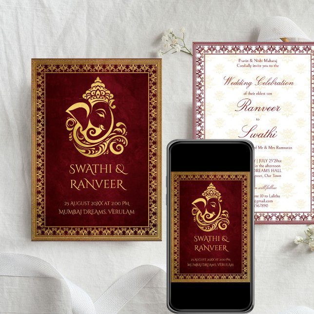 Convite Casamento de Ganesha Maroon e de ouro, Índia (Ganesha maroon and gold elegant traditional Indian wedding Invitation cards with RSVP template)