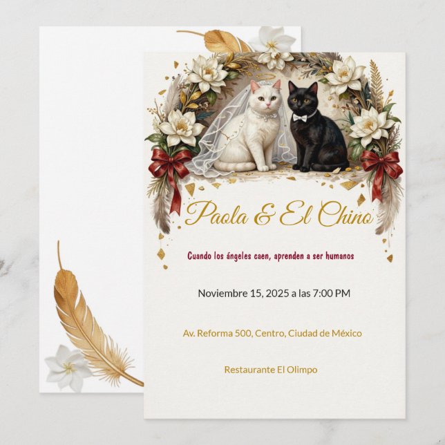 Convite Casamento de Gato Anjo Caído Viral (Frente/Verso)