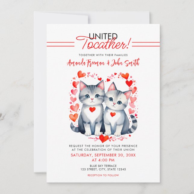Convite Casamento de Gatos Brancos e Vermelhos com Aquarel (Frente)