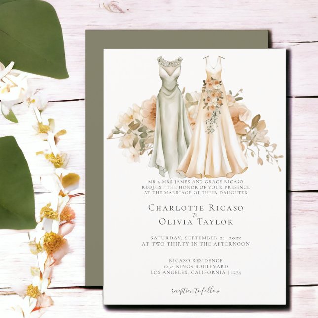 Convite Casamento de Gay Elegante duas noivas em vestidos (Elegant Gay Wedding Two Brides in Dresses Invitation from Ricaso. Features two stunning dresses)