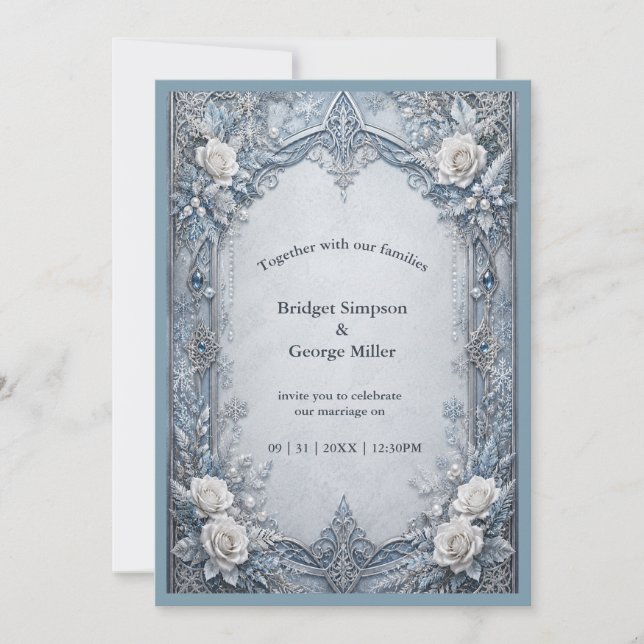 Convite Casamento de Gelo Prateado Gótico Medieval de Inve (Frente)