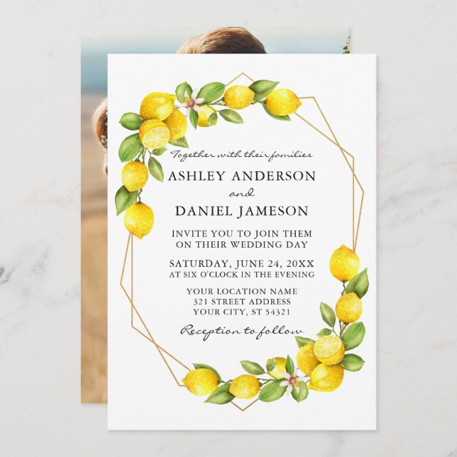 Convite Casamento de Geo Geo Foto Greenery com Limões de A (Frente/Verso)