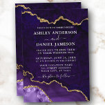 Convite Casamento de Geodo de Águas Douradas Roxo<br><div class="desc">Cartão de Convite para Casamento de Geodo de Agato de Marble Violet Púrpura Elegante Moderno e Elegante</div>