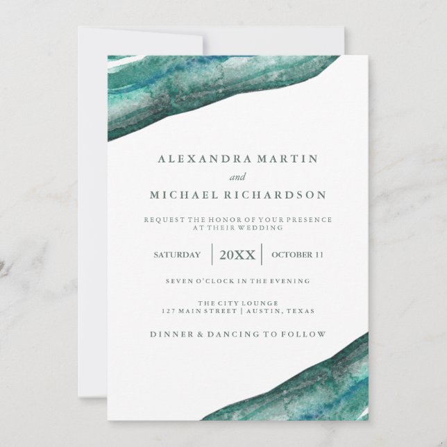 Convite Casamento de Geodo de Teal Watercolor (Frente)