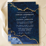 Convite Casamento de Geodo Dourado Marble Agate Blue Water<br><div class="desc">Cartão de Convite para Casamento de Geodo Marble Azul e Dourado Elegante</div>