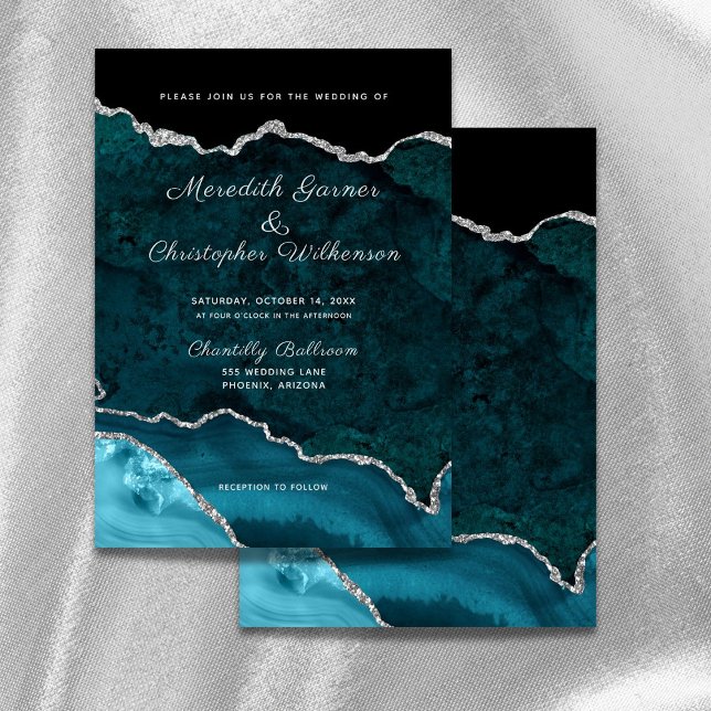 Convite Casamento de Geodo Glitter de Teal Silver Glitter (Criador carregado)