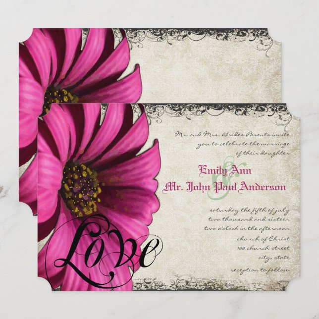 Convite Casamento de Gérbera Daisy Rosa Fúcsia (Frente/Verso)