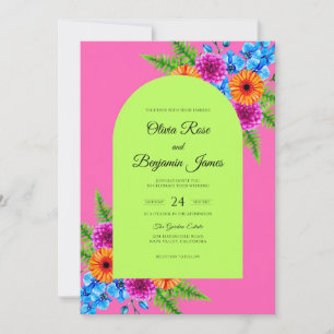 Convite Casamento de Gerbera Eucalipto em Magenta e Lima