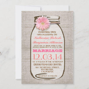 Convite Casamento de gerbera rosa-rosa com mason jar-burla