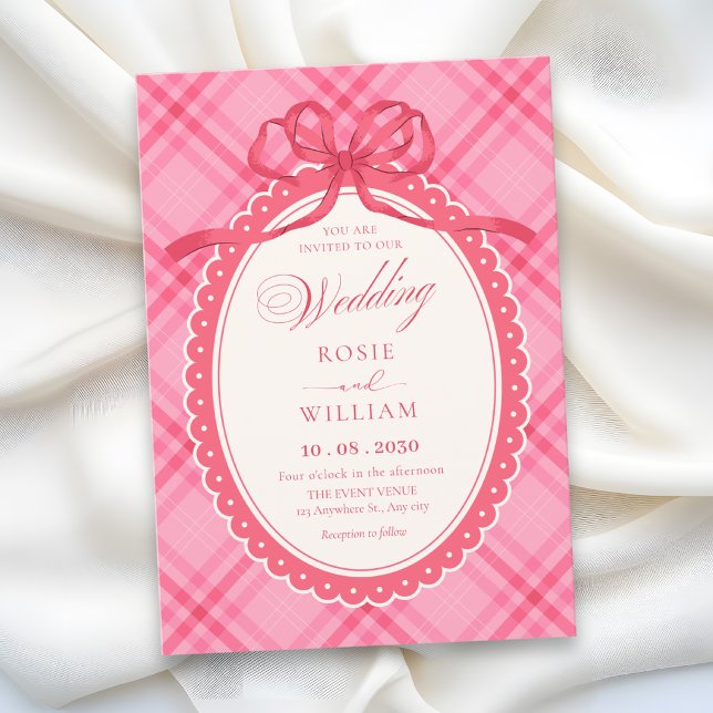 Convite Casamento de gingão com laço rosa (Criador carregado)