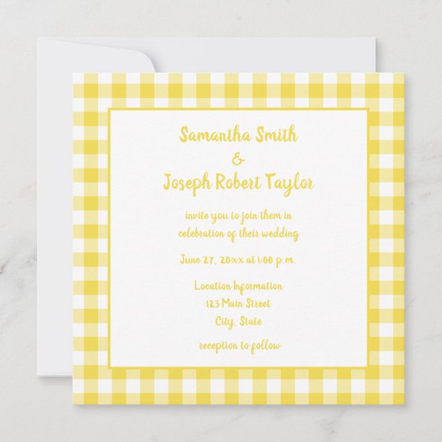 Convite Casamento de Gingham Country Summer Yellow (Frente)