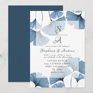 Convite Casamento de Gingko Azul Botânico Moderno
