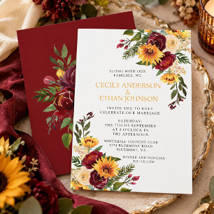 Convite Casamento de Girassóis Amarelos Florais Borgonha R