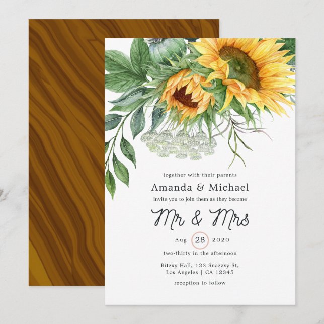 Convite Casamento de Girassóis Boêmios Rústicos em Aquarel (Frente/Verso)