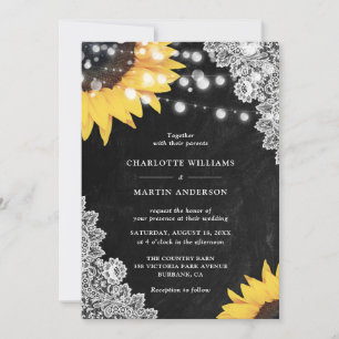 Convite Casamento de Girassóis com Quadro Negro Rústico em