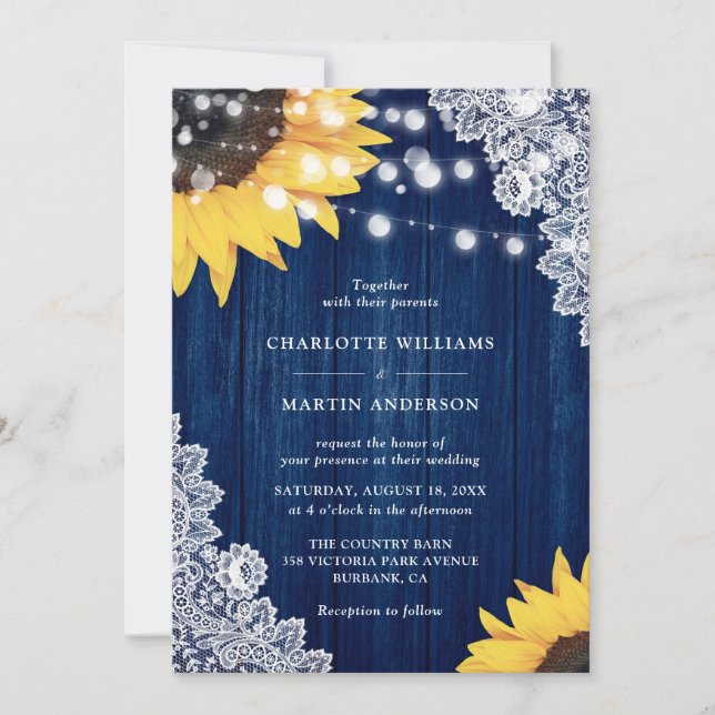 Convite Casamento de Girassóis com Renda de Madeira Azul N (Frente)