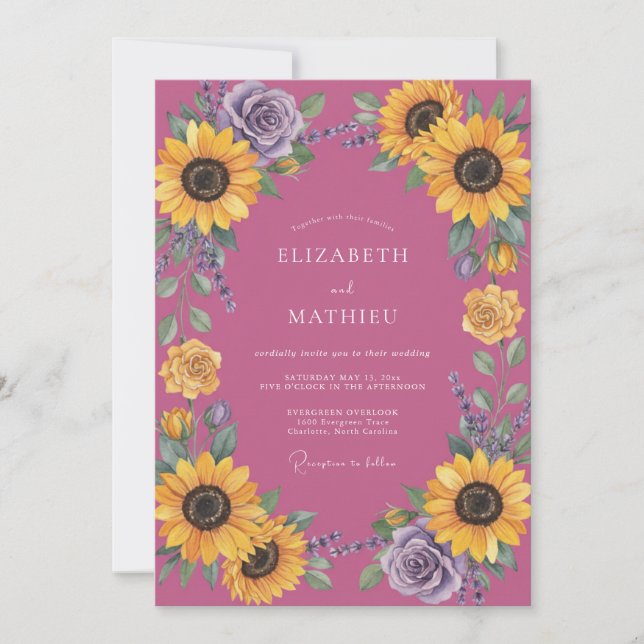 Convite Casamento de Girassóis Eucalipto Magenta (Frente)