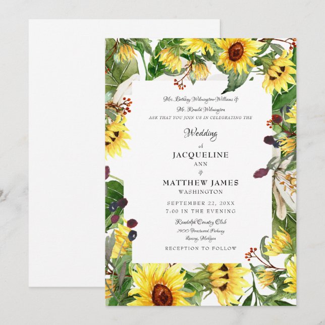 Convite Casamento de Girassóis Florais de Outono (Frente/Verso)