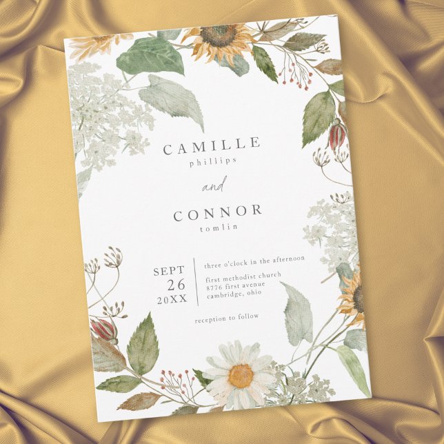 Convite Casamento de Girassóis Florais Rústicos de Flores  (Rustic Floral Sunflower Wildflower Wedding Invitation)