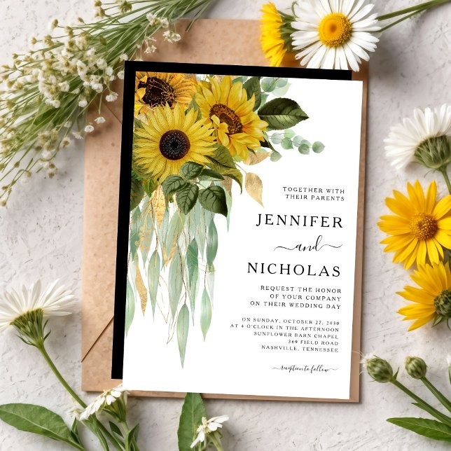 Convite Casamento de Girassóis Preto e Branco Moderno    (Modern Black And White Sunflower Wedding Invitation)