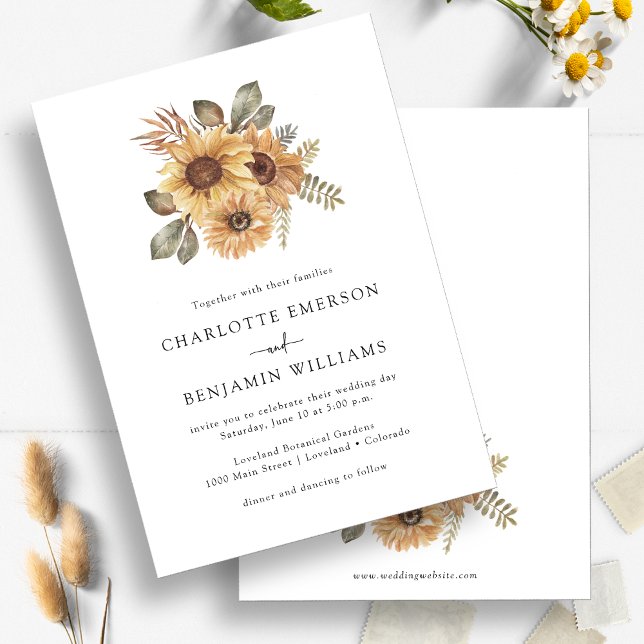Convite Casamento de Girassóis Rústicos (Elegant Sunflowers Watercolor  Wedding Invitation by Painted Paperie
)