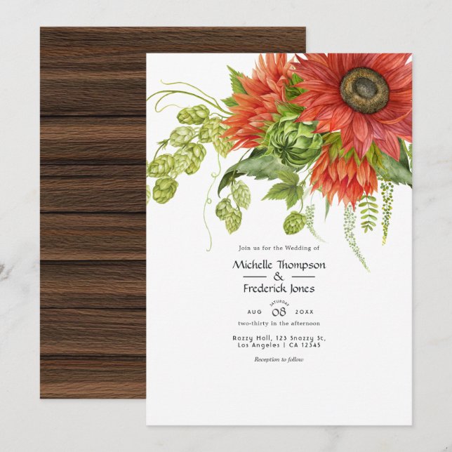 Convite Casamento de Girassóis Vermelhos Rústicos Boêmios  (Frente/Verso)