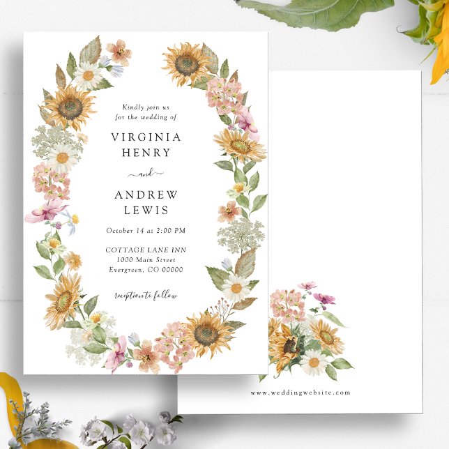 Convite Casamento de Girassol (Elegant Sunflower Wildflower Watercolor Wreath Wedding Invitation by Painted Paperie)