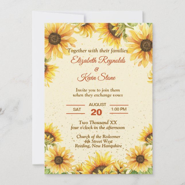 Convite Casamento de Girassol Amarelo e Marrom Rústico (Frente)