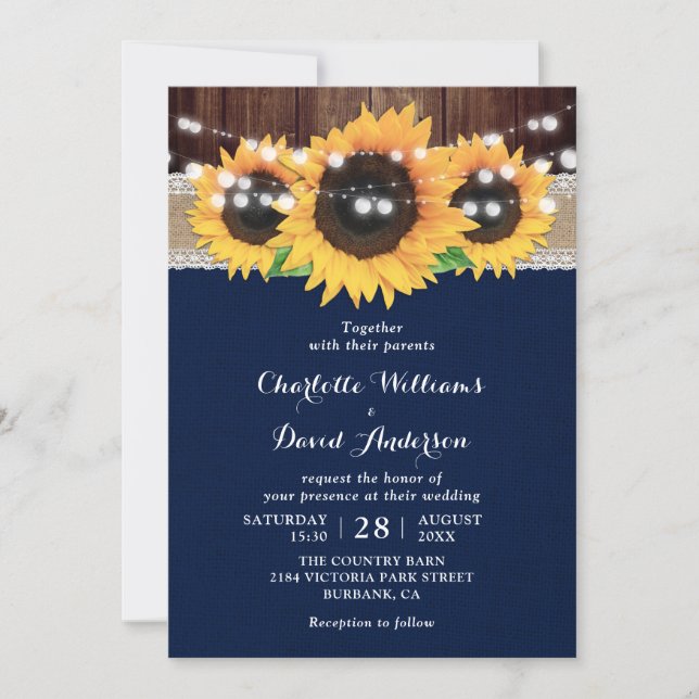 Convite Casamento de Girassol Azul Marinho com Madeira Rús (Frente)